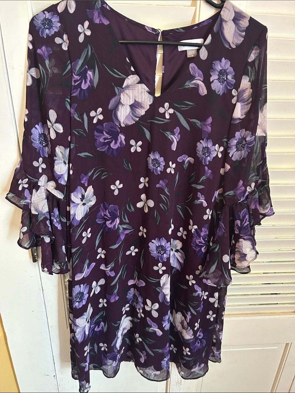 Calvin Klein Purple Floral Ruffle-Sleeve Tunic Dress